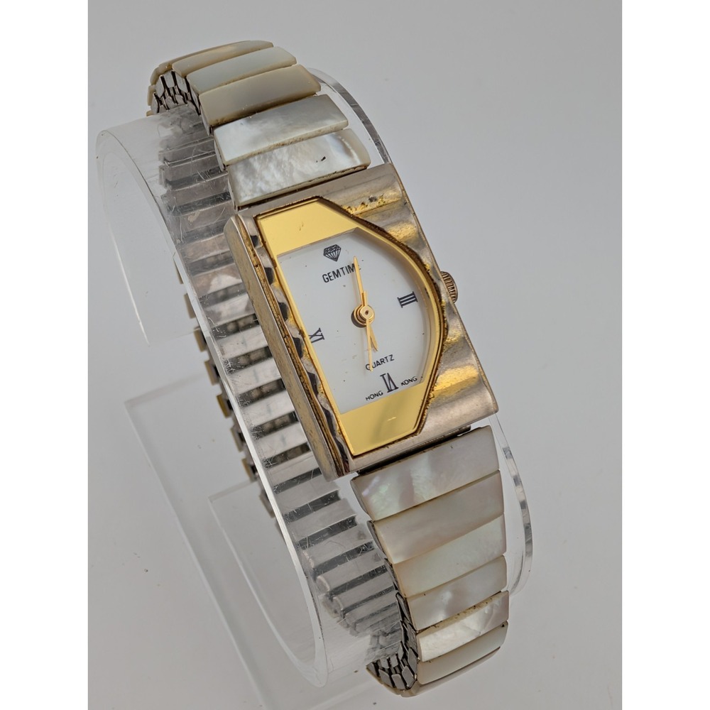 Gem Time Watch Womens 18mm Gold Case MOP Dial Stretch Band White- New Battery